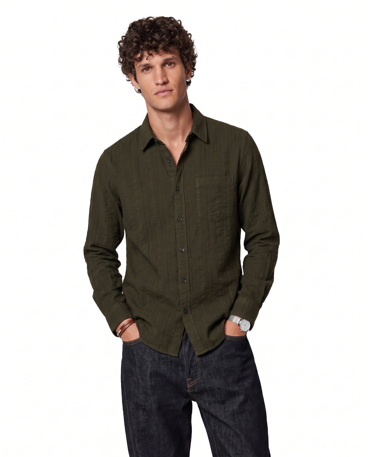 Olive Green Textured Pure Cotton Shirt
