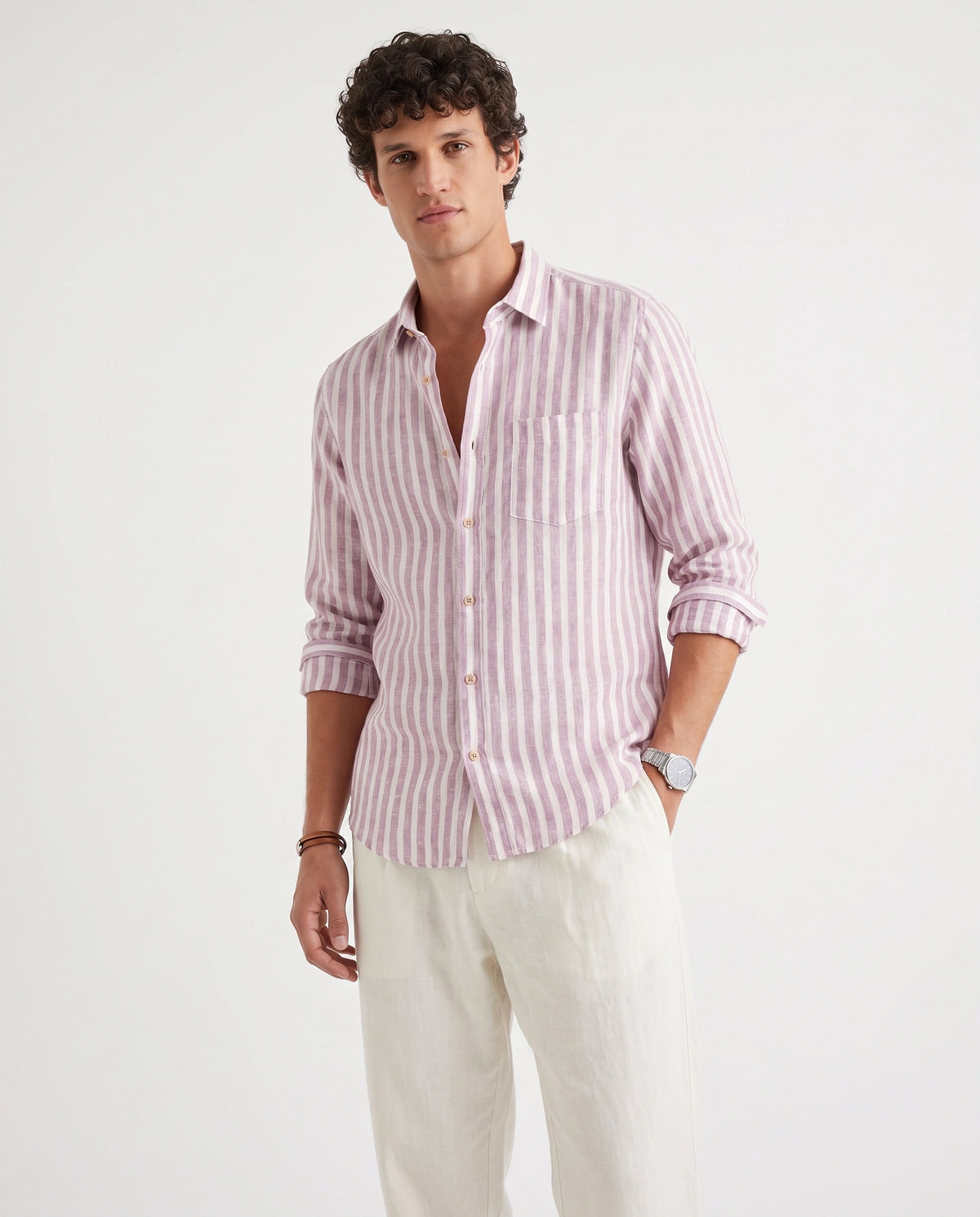 Burgundy White Striped Linen Blend Shirt
