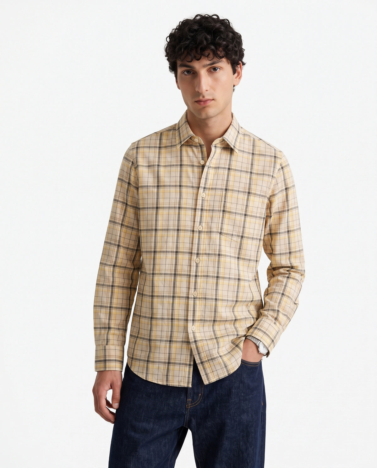 Yellow Tan Checkered Cotton Shirt