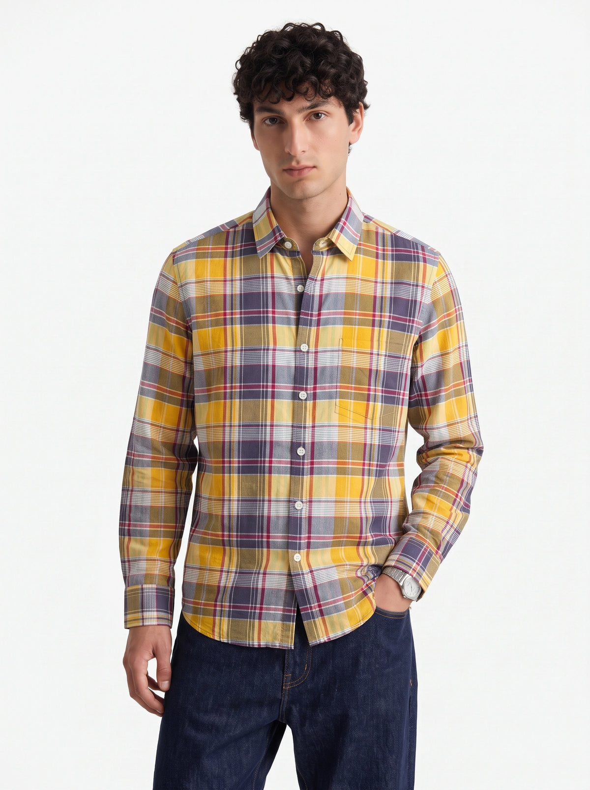 Mustard Blue Madras Checkered Cotton Shirt