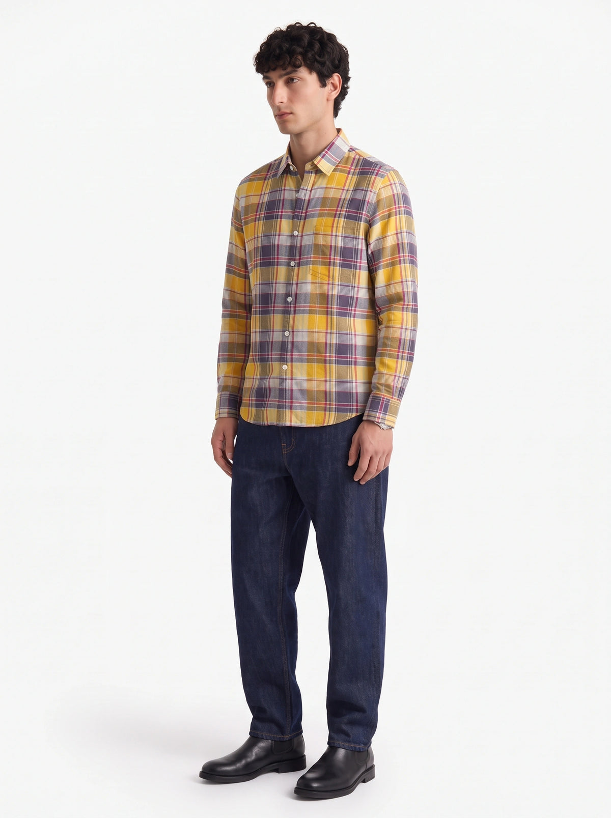 Mustard Blue Madras Checkered Cotton Shirt