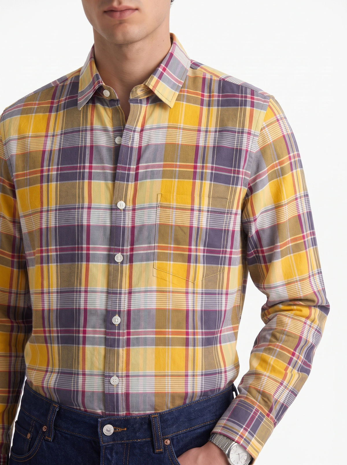 Mustard Blue Madras Checkered Cotton Shirt